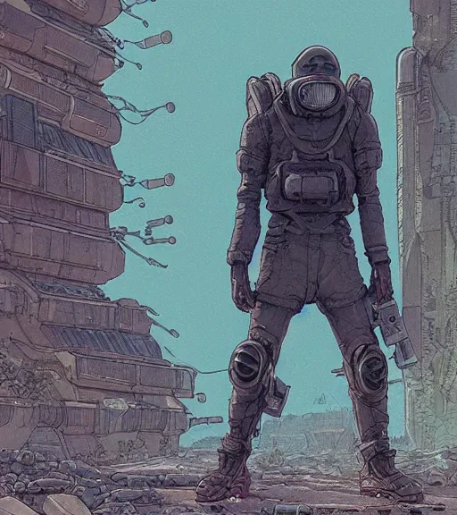 Prompt: a cyberpunk mole man explores alien ruins, techwear, Industrial Scifi, detailed illustration, character portrait, by Martin Grip and Moebius