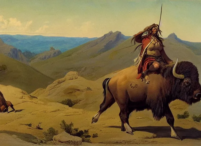 Image similar to native american riding bison, buffalo, native american warrior, mountain range, beautiful sky, standing on the edge of a cliff, 1 9 th century, painted by frazetta