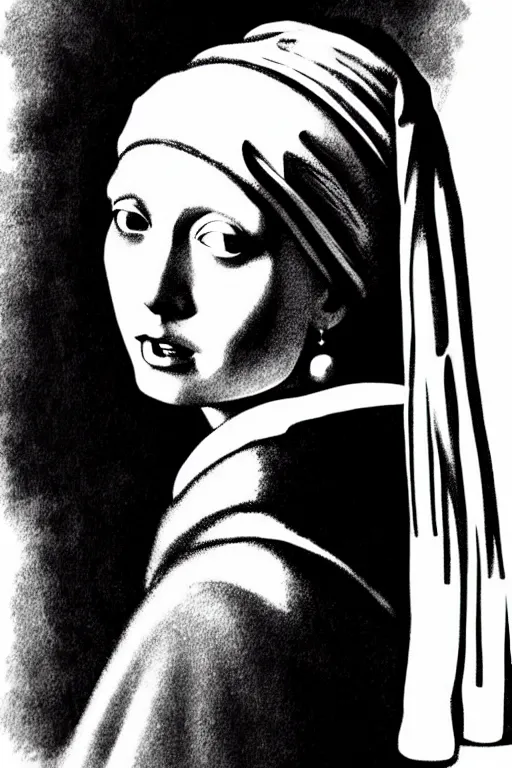 Image similar to beautiful portrait of a woman, negative no not the girl with a pearl earring, highly detailed ink illustration, b & w clean shaped illustration by kim jung gi, ric estrada, ron english and eiichiro oda