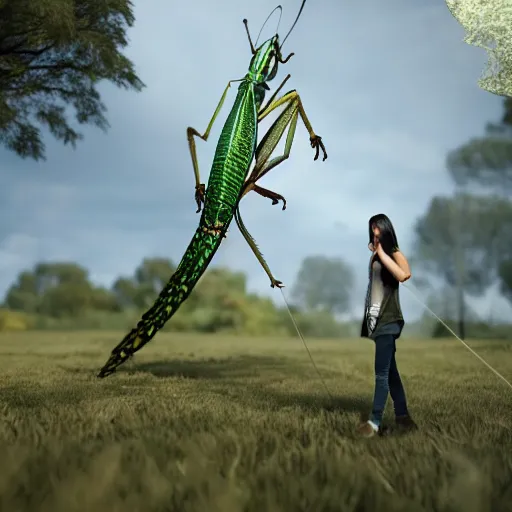 Prompt: a giant grasshopper on a girl, photoreal, detailed, unreal engine 5, 8 k