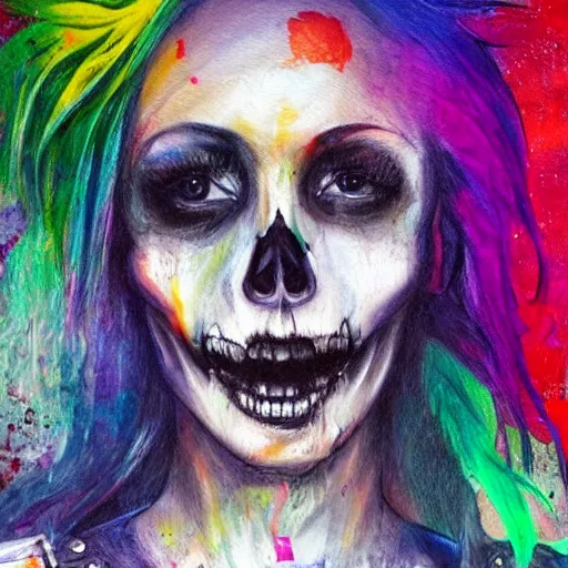 Prompt: full body pose, mixed media painting of a grungy skull woman with rainbow hair, soft eyes and narrow chin, dainty figure, torn overalls, short shorts, combat boots, basic white background, side boob, wet tshirt, wet, raining portrait, extremely hyper - detailed, intricate, epic composition, very detailed, masterpiece, stunning,