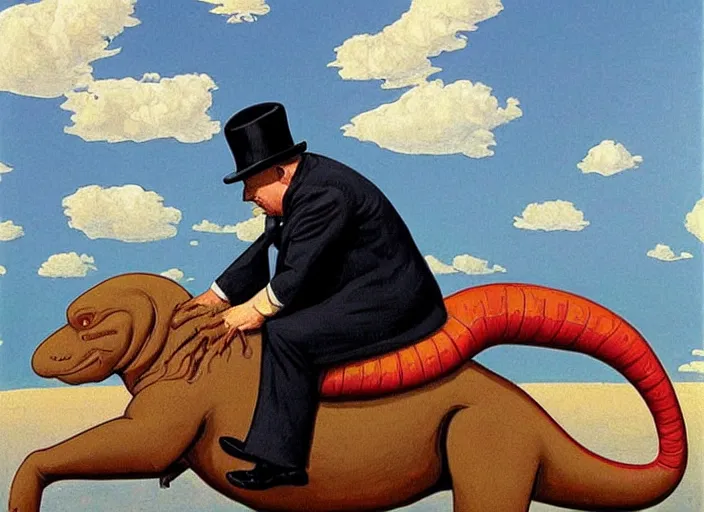 Image similar to Winston Churchill riding a T-Rex, painting by Jean Giraud and René Magritte and Gary Panter