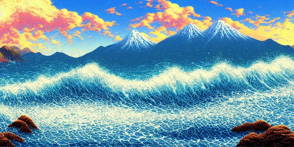 Prompt: Breath-taking beautiful beach, mountains, An aesthetically pleasing, dynamic, energetic, lively, complex, intricate, detailed, well-designed digital art of beach, mountains, clouds, ripples, waves, light and shadow, overlaid with aizome patterns, Shin-hanga by Thomas Kinkade and Bob Ross, traditional Japanese colors, superior quality, masterpiece, featured, trending, award winning, HDR, HD, UHD, 4K, 8K, anamorphic widescreen