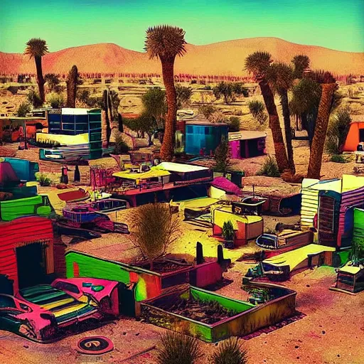 Prompt: “ nihilistic punk rock anarchist community in the desert, vibrant color aesthetic, photorealism, grimy, 3 d realistic lighting ”