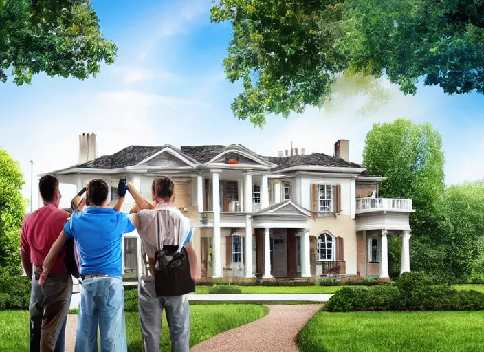 Prompt: several men look forward to the future, bright, happy, high - tech mansion, painting