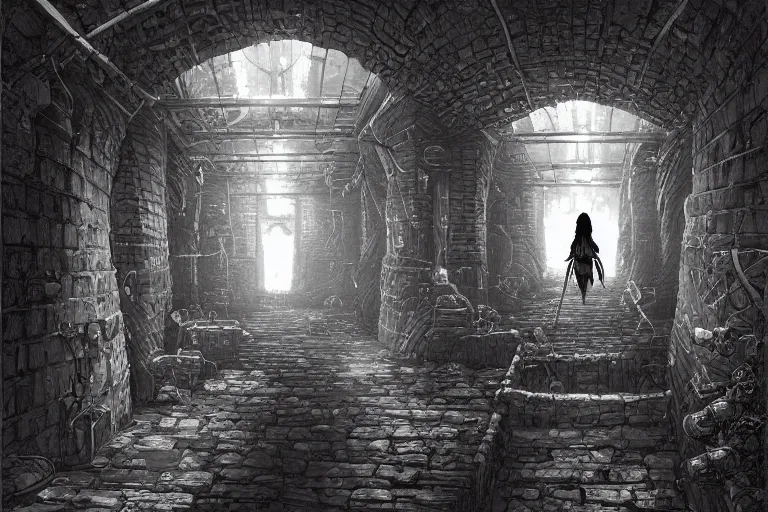 Image similar to black and white one point perspective refinery dungeon cozy fantasy dungeon hallway view with pit in the middle of the ground by artgerm and Craig Mullins, James Jean, Andrey Ryabovichev, Mark Simonetti and Peter Morbacher 16k