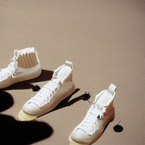 Image similar to a studio photoshoot of Nike sneakers designed by Tom Sachs, cream leather with knitted mesh material, gum rubber outsole, realistic, color film photography by Tlyer Mitchell, 35 mm, graflex