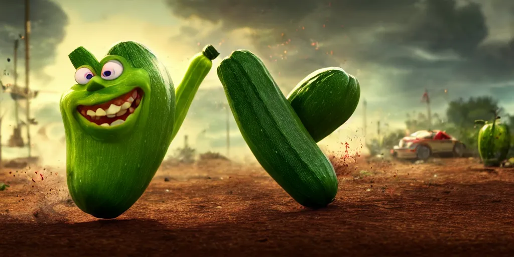 Image similar to detailed 3 d render of a raging zucchini character with a ninja sword running on dirt road, scared tomates scattered everywhere, high speed action, explosions, dramatic scene, hyper realistic octane render, cinematic lighting, splatter, deviantart, black sky, lowbrow, frame from pixar movie