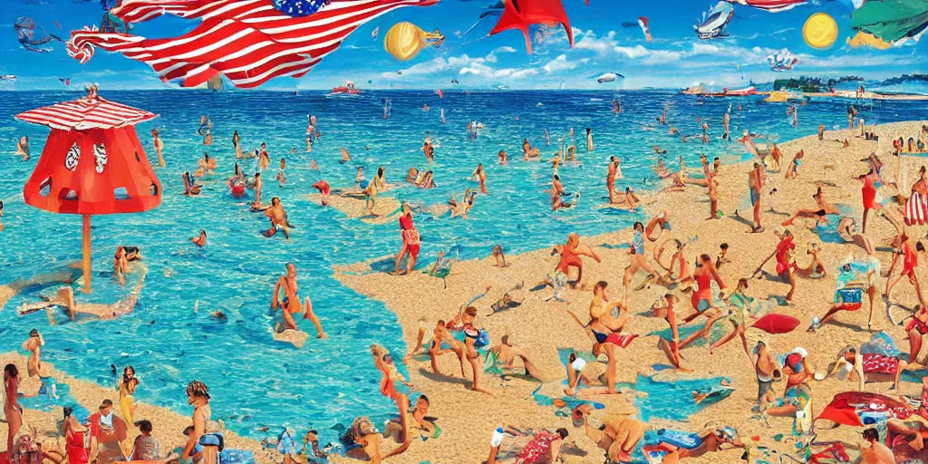 Image similar to an impossible Where’s Waldo puzzle, setting is the beach