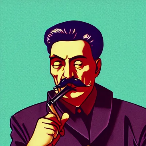 Image similar to cyberpunk joseph stalin smoking a pipe as the leader of a futuristic communist society, cybernetics, sharp lines, digital, artstation, colored in