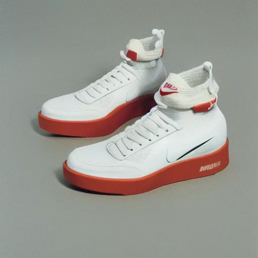 Image similar to a studio photoshoot of Nike sneakers designed by Tom Sachs, cream leather with knitted mesh material, gum rubber outsole, realistic, color film photography by Tlyer Mitchell, 35 mm, graflex