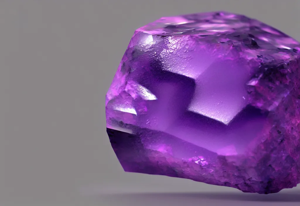 Prompt: raw purple gemstone rendering, photorealistic, bright backround, photography, artstation