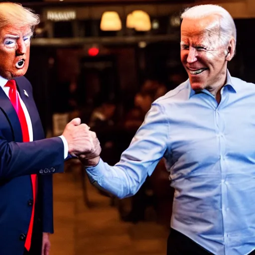 Image similar to Donald Trump fighting Joe Biden in a restaurant