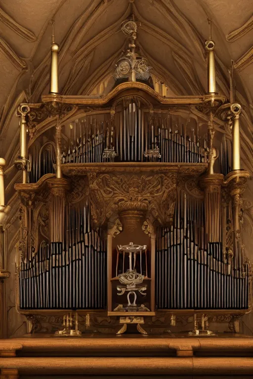 Prompt: a detailed render of an isolated lonely marble pipe organ in a church, with large golden pipes, trending on artstation, render, 3 d, octane, 4 k, 8 k, unreal engine, cinema 4 d