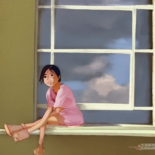 Image similar to a thin, pretty young Filipino girl sits in the window of a cute seaside Cafe with an espresso, golden morning light, cozy, incredible studio Ghibli style composition, award winning