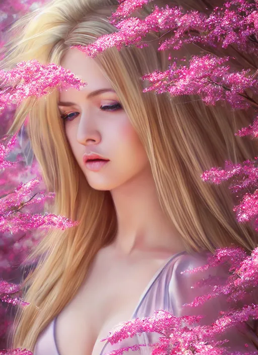 Image similar to photo of a gorgeous blonde female in the style of stefan kostic, realistic, half body shot, sharp focus, 8 k high definition, insanely detailed, intricate, elegant, art by stanley lau and artgerm, extreme blur cherry blossoms background