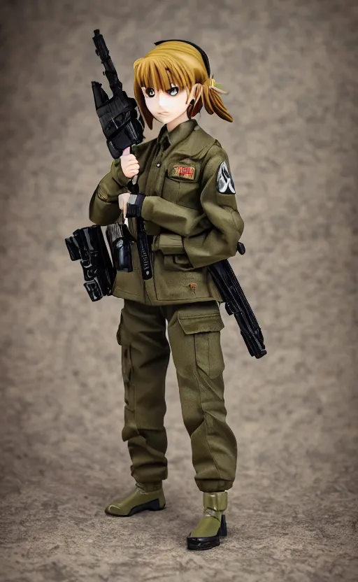 Image similar to toy photo, grabbing a rifle, school uniform, portrait of the action figure of a girl, anime character anatomy, figma by good smile company, collection product, dirt and smoke background, flight squadron insignia, realistic military gear, 70mm lens, round elements, photo taken by professional photographer, trending on instagram, symbology, 4k resolution, low saturation, realistic military carrier