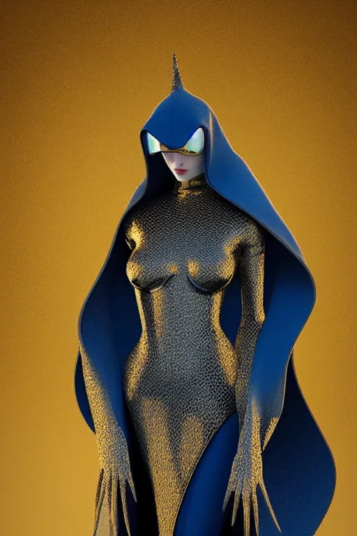 Image similar to detailed beautiful hooded noun in blue gold coat, seductive confident pose, attractive feminine curves, intricate details, futuristic, elegant cape, elegant, white, blue, black, photorealism, trending on artstation, holy halo, advanced technology, art by moebius and vitaly bulgarov and chanthara