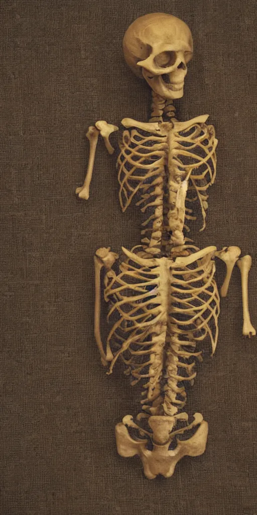 Image similar to a film still of a skeleton wearing golden jewelry on its skull and around its arms. it has a dark cloak made of linen and burlap. low key, light from above. nighttime. wide shot.