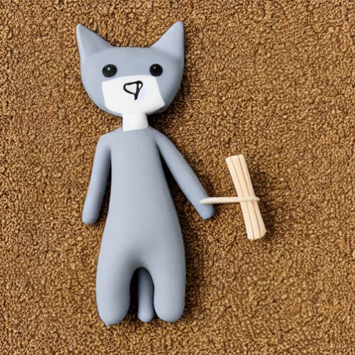 Prompt: gray clay figure cat with fishbone in wheat field