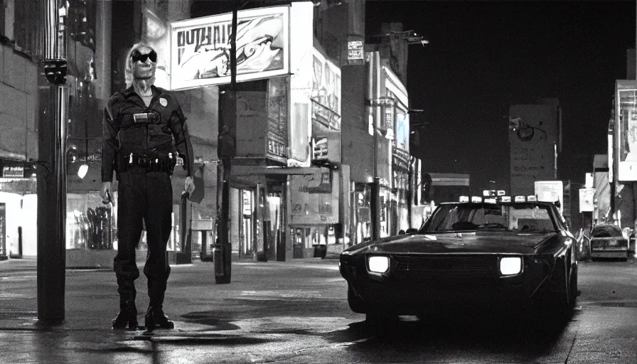 Prompt: peter weller cyborg cop, standing under a street lamp at night in downtown future detroit. leaning against a futuristic police car. criterion collection, movie still. 7 0 mm. imax. film.