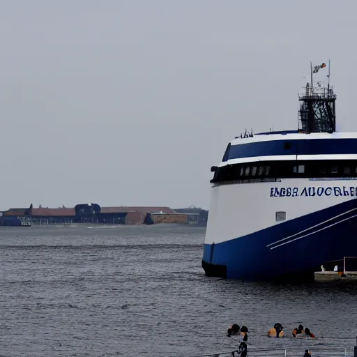 Image similar to a blue white black ferry at the sea outside kronborg castle