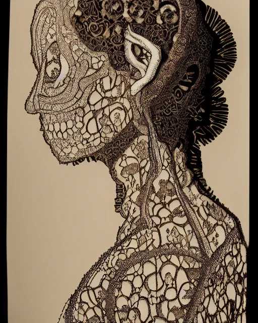 Image similar to a woman's face in profile, made of intricate decorative lace skeleton, in the style of the dutch masters and gregory crewdson, dark and moody