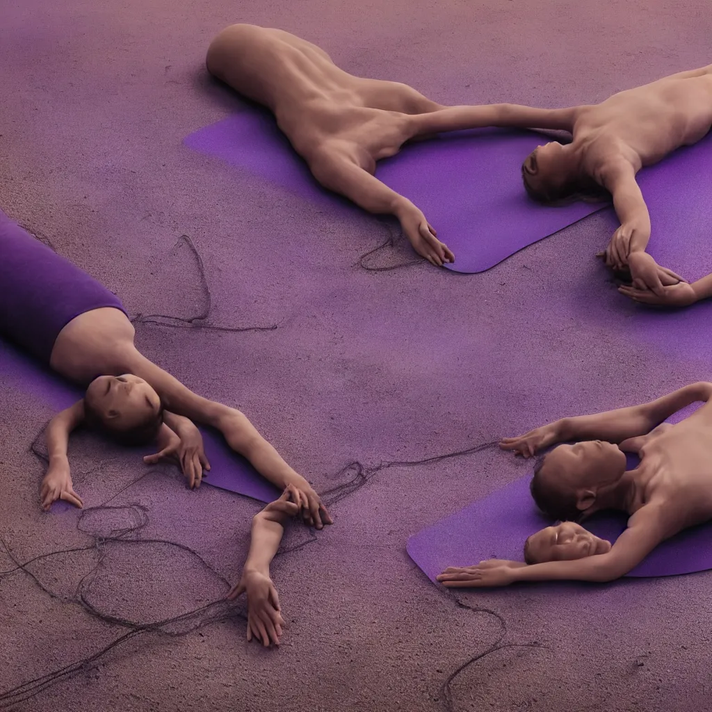 Prompt: close - up view of iridiscent oil spill in desert sand tempest with women corpses connected by cables and computers to wax forms to a buried baby relaxing on yoga mat, faded, purple gradient, dust, purple fog, depth of field, by werner herzog, hans bellmer and nadav kander, 8 k, sad atmosphere, cinematic