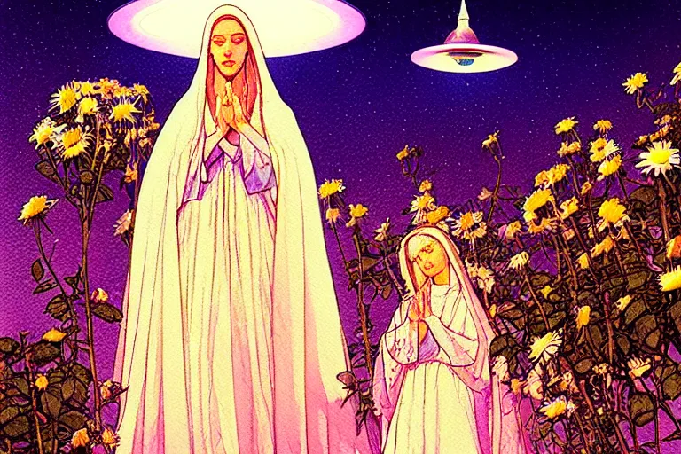 Image similar to a hyperrealist watercolour character concept art portrait of the blessed mother mary on well lit night in las vegas, nevada. there is a ufo. roses and daisies adorn. by rebecca guay, michael kaluta, charles vess and jean moebius giraud