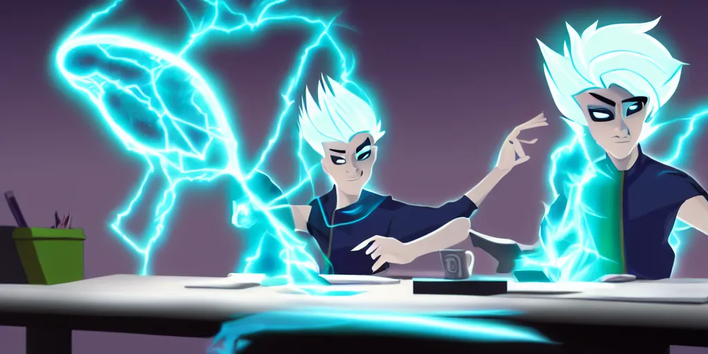 Image similar to a mage that looks like danny phantom he is at his desk working on a new spell that is casting out flowing energy, colorful, flowing energy, light rays, consistent face, medium shot, waist up, pixar and disney animation, sharp, concept art, highly detailed, bloom, dramatic lighting, cinematic