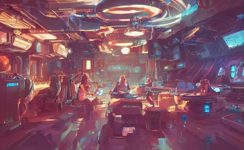 Prompt: a bounty hunter bar in a space opera studio ghibli animated film, global illumination, beautiful composition, volumetric lighting, octane render by artgerm, loish, alena aenami, highly detailed