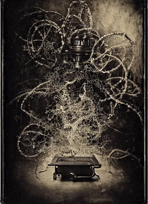 Prompt: old wetplate daguerreotype grafted demons, explosion of data fragments, fractal, intricate, elegant, highly detailed, parallax, leica, medium format, subsurface scattering, by jheronimus bosch and greg rutkowski and louis jacques mande daguerre