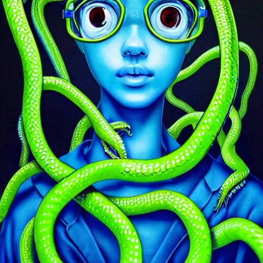 Image similar to 3 d, close - up, fashion model in a blue factory worker's overalls face looking down at the floor eyes sad tentacles instead of hands, green snakes background, soft light, smooth face feature, intricate oil painting, high detail illustration, sharp high detail, manga and anime 1 9 9 9