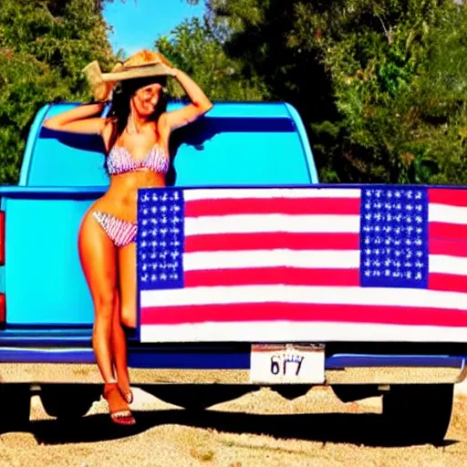 Image similar to photo of woman in the back of a pickup truck wearing bikinis waving the american flag. they are drunk.