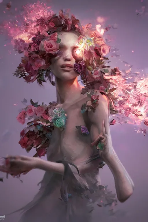 Image similar to beautiful girl necromancer exploding into flowers, 3 d render, hyper - realistic detailed portrait, holding electricity, ruan jia, wlop. scifi, fantasy, hyper detailed, octane render, concept art,