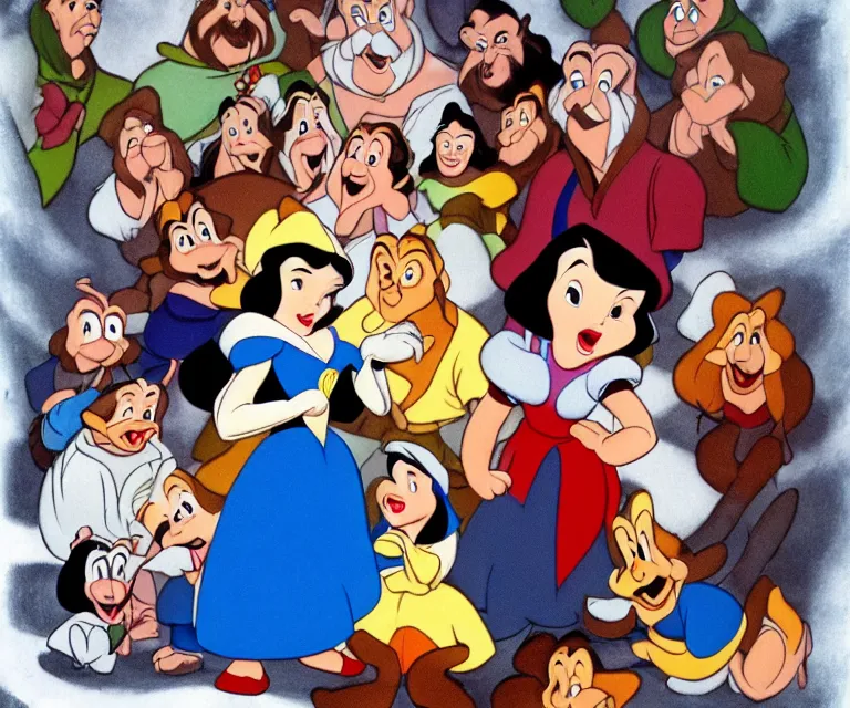 Prompt: snow white and the seven dwarves, disney, drawing, animation