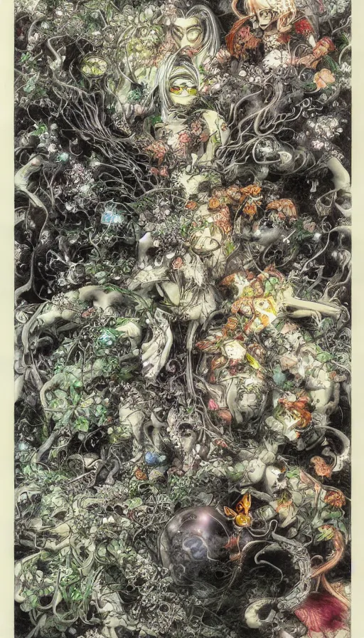 Image similar to life and death mixing together, by yoshitaka amano,