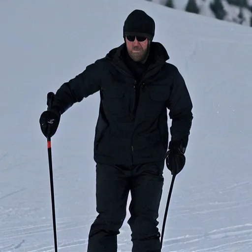 Image similar to jason statham skiing, dust, full body shot, finely detailed