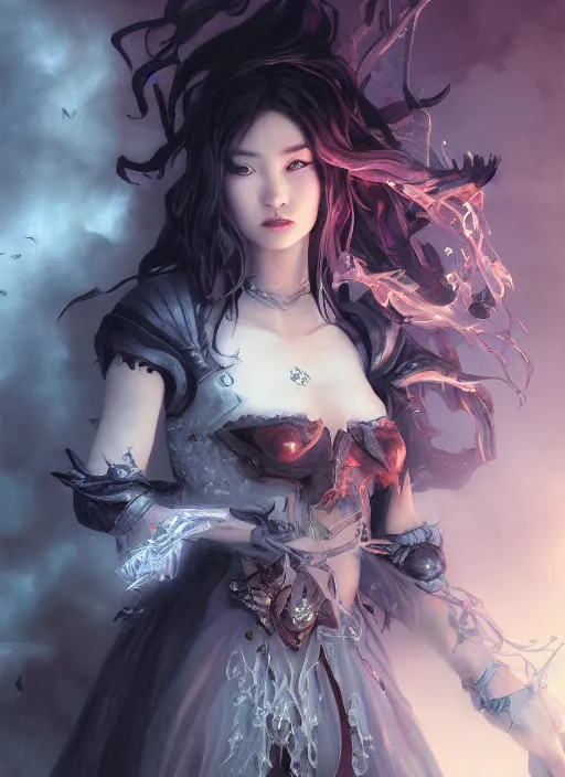 Prompt: breathtaking detailed painting of evil fantasy sorceress, dark castle setting, with anxious, piercing eyes, by Hsiao-Ron Cheng, James jean, Miho Hirano, Hayao Miyazaki, extremely moody lighting, hyperrealistic, octane render, RPG portrait, ambient light, dynamic lighting