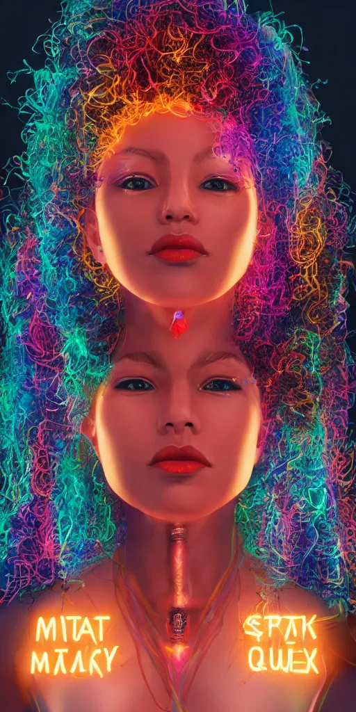 Image similar to symmetry!! a cyberpunk mulatto beauty queen, by wlop, by justin bua, motherboard, circuitry, wires, neon lights, beads, curly afro, micro detail, sci - fi, photorealism, 8 k, cgsociety