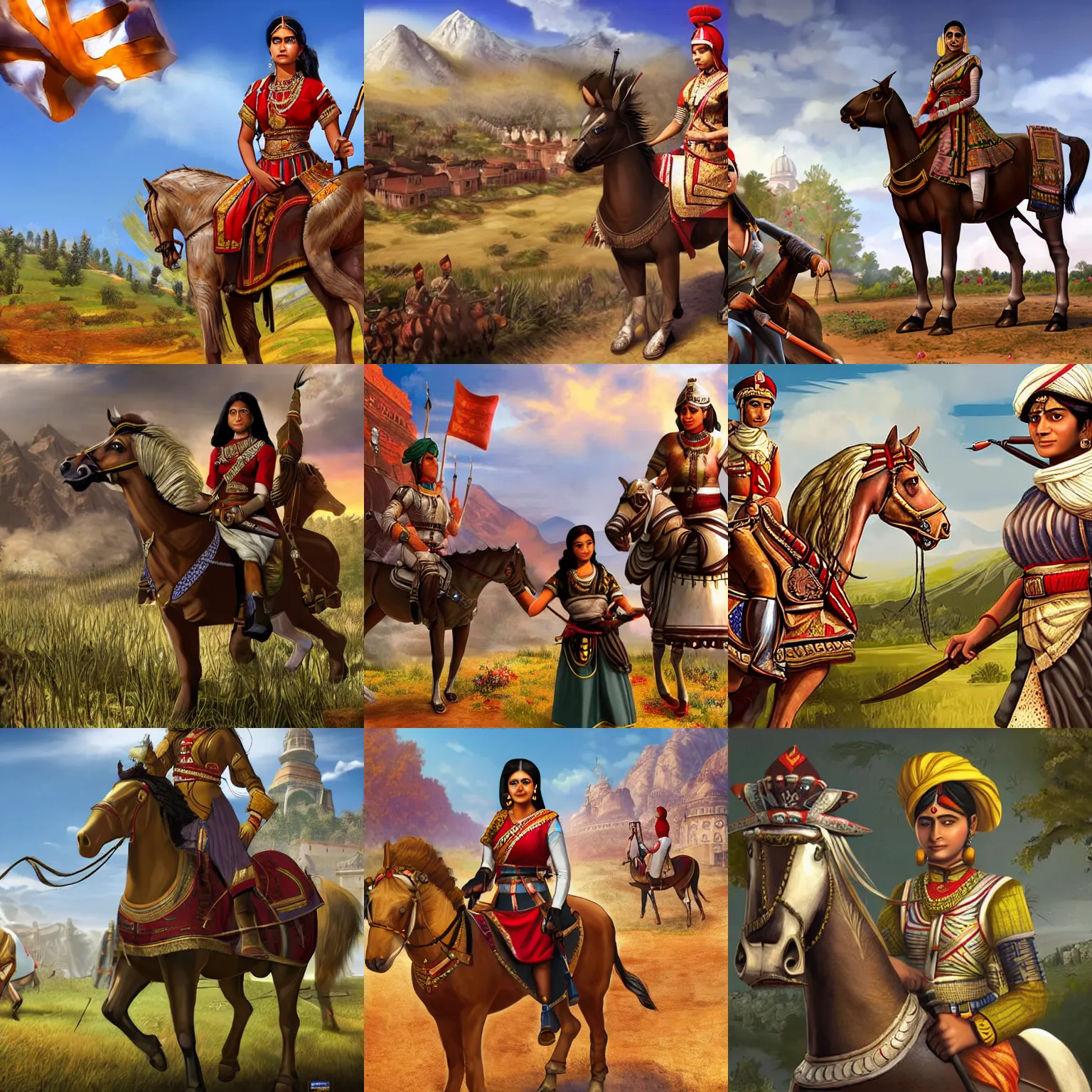 Prompt: A young Indian woman soldier standing in front on a war horse, loading screen artwork for the game 'Europa Universalis 4'