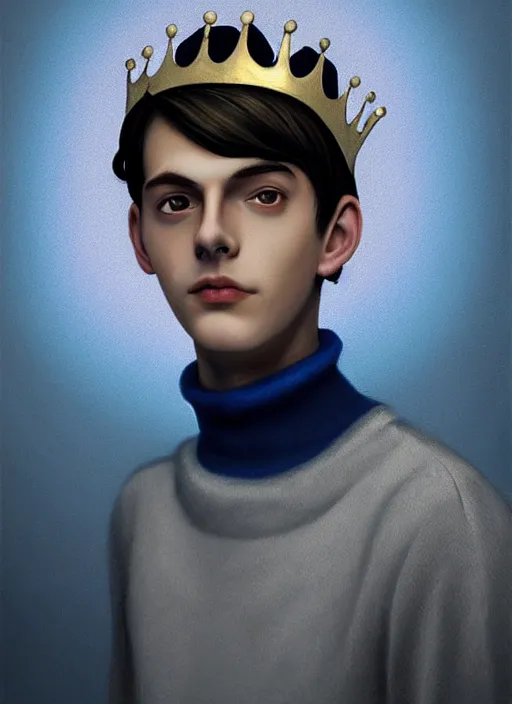 Image similar to portrait of teenage jughead jones wearing a light grey crown, crown, blue turtleneck, 1 9 5 0 s, closed eyes, photorealistic, black hair, glowing lighting, intricate, elegant, glowing lights, highly detailed, digital painting, artstation, concept art, smooth, sharp focus, illustration, art by wlop, mars ravelo and greg rutkowski