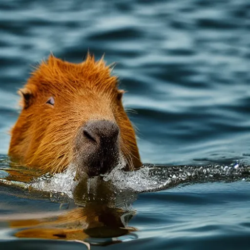 Image similar to candid photograph of a capybara swimming in a lake