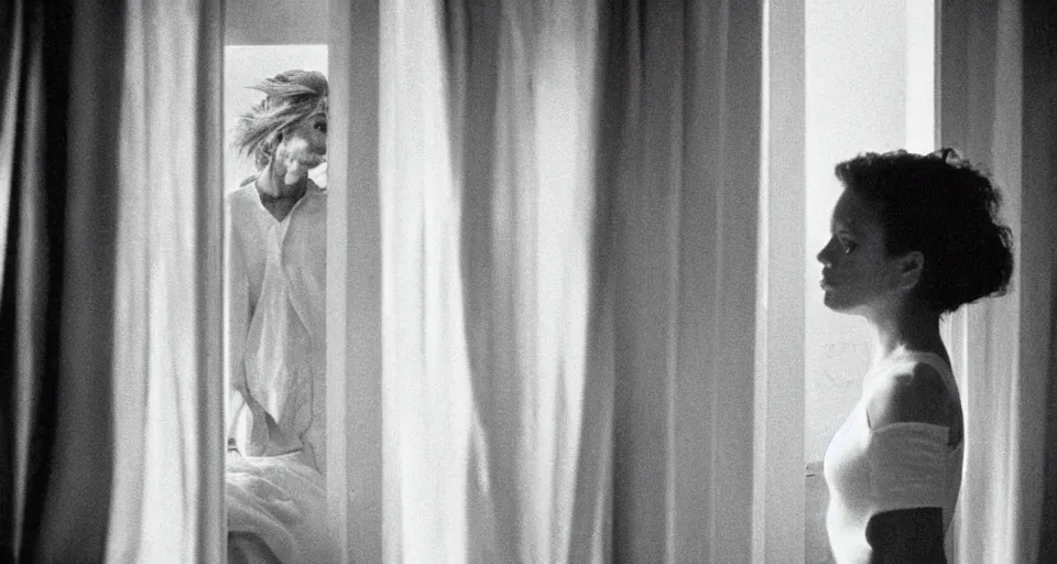 Image similar to 90s film, cinematic tones. Scene where a woman in white looking the window at midnight, focus her back