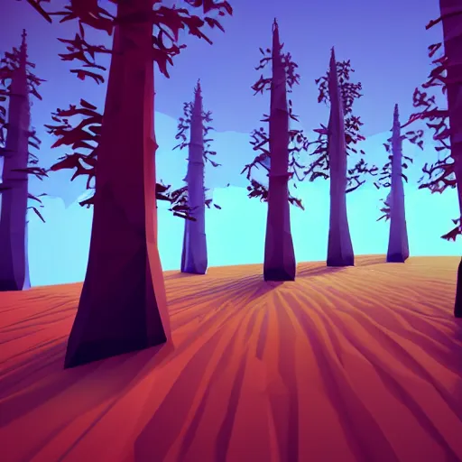 Image similar to a forest of 3d low poly trees with the mountains in the background, high quality, mobile game