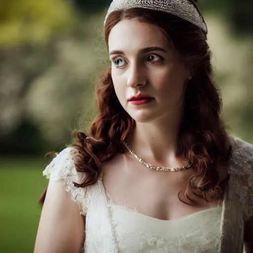 Image similar to close up photo of a beautiful young woman in a wedding dress with Canon 50mm/F1.4, dramatic daylight, downton abbey, bridgerton, 4k, featured on artstation