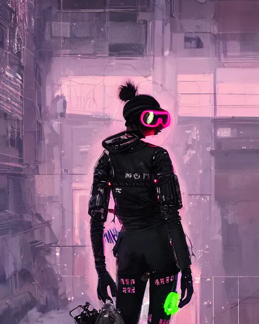 Prompt: detailed portrait neon guard girl with goggles seen from the back, cyberpunk futuristic, reflective puffer jacket, black leggings, decorated with traditional ornaments in front of a dystopian street with piles of garbage by ismail inceoglu dragan bibin hans thoma, perfect face, fine details, realistic shaded, fine - face, pretty face