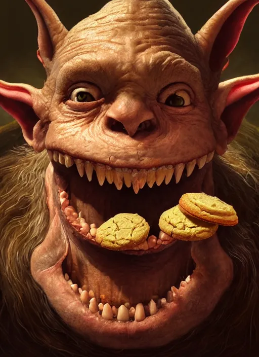 Image similar to highly detailed closeup portrait of a medieval goblin eating cookies, unreal engine, hyung tae, frank frazetta, nicoletta ceccoli, mark ryden, lostfish, earl norem, global illumination, god rays, detailed and intricate environment