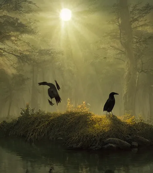 Image similar to three crows in a little boat in a swamp, volumetric lighting, majestic light, octane render, ethereal glare of the sun, hyper realistic, epic, masterpiece, by greg rutkowski