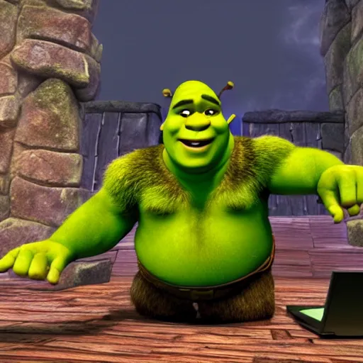 Image similar to shrek using the computer, hd